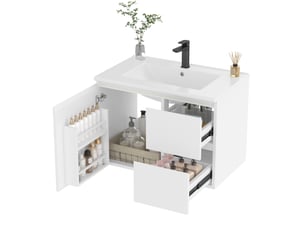 Meuble salle de bain suspendu 76x46x50 cm, meuble vasque avec lavabo céramique, 2 tiroirs, led, rangement, mdf blanc
