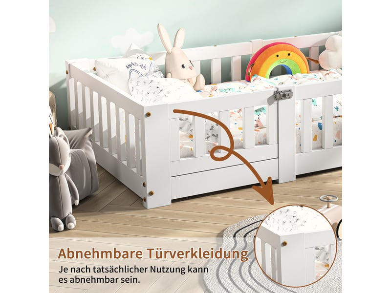 Lit enfant et lit simple montessori 80x160 cm avec barrières de sécurité et sommier à lattes, cadre en bois de pin blanc, sans matelas - Conforama R