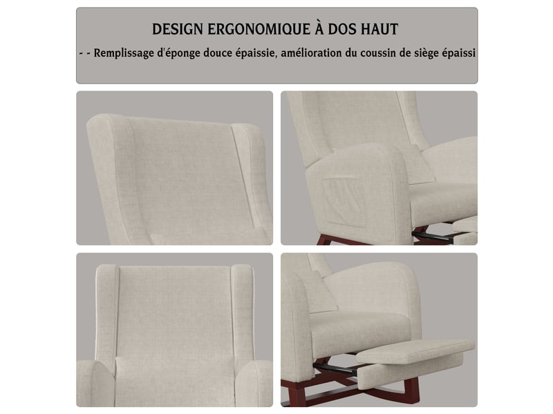  Fauteuil à bascule avec repose-pieds, chaise d'allaitement avec poche latérale, rocking chair avec pieds en bois massif pour salon, chambre, beige  - Conforama D