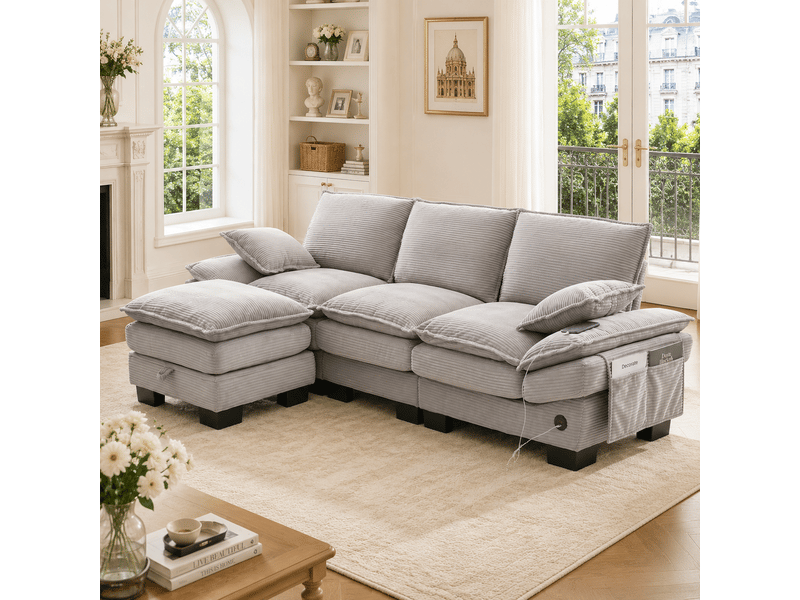  Canapé 3 places modulaire velours côtelé gris clair 260 x 132 x 84 cm avec pouf rangement  - Conforama B