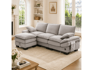 Canapé 3 places modulaire velours côtelé gris clair 260 x 132 x 84 cm avec pouf rangement