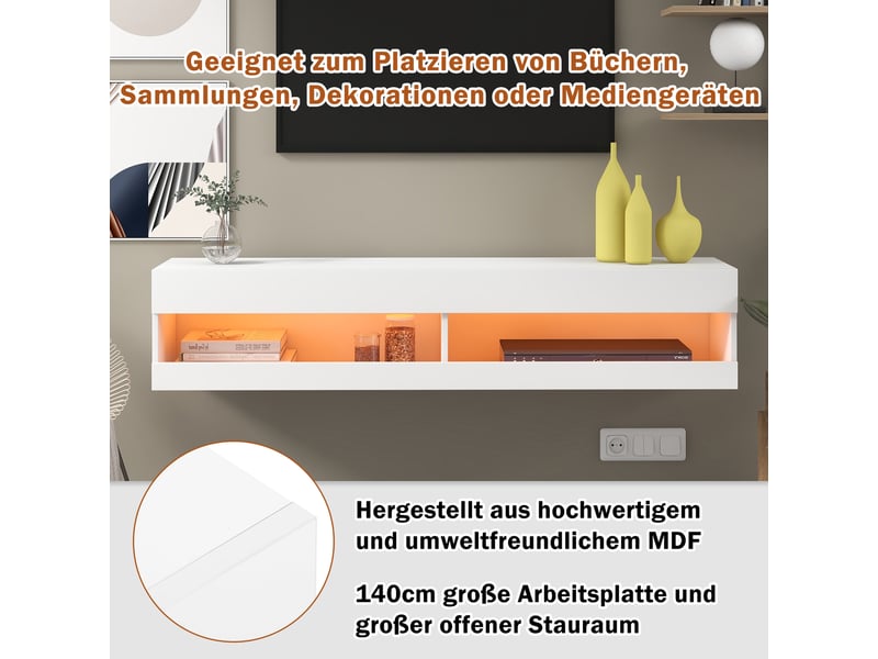  Meuble tv bas 140x40x30,5cm a led blanc, meuble tele de haute qualité avec d'espace de rangement pour votre salon avec éclairage led  - Conforama E