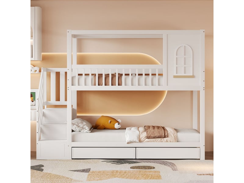  Lit superposé 90x200cm forme maison fenêtre - lit double - escalier rangement, 2 tiroirs, barrières bois massif blanc  - Conforama B