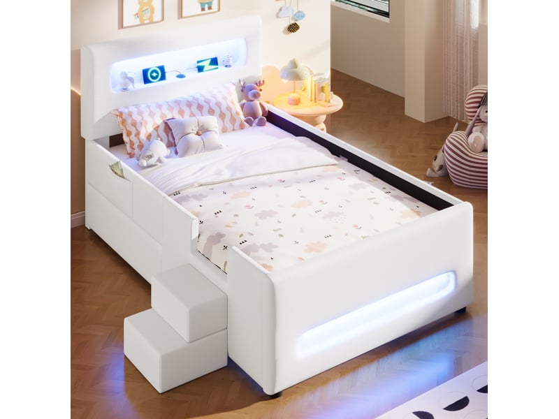 Lit enfant 90x200cm, escaliers, tiroirs, bandeaux led et espace de rangement, design confort, mdf, pu blanc sans matelas - Conforama D