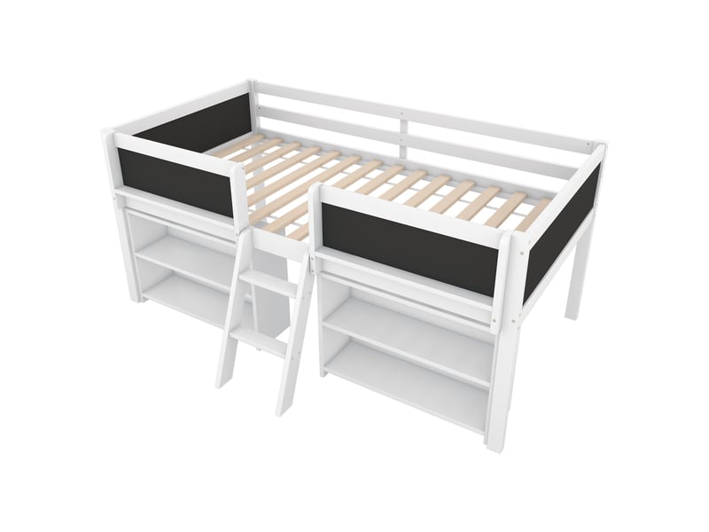 Lit mi-hauteur blanc 90x200 cm en pin, étagères, garde-corps et échelle - Conforama D