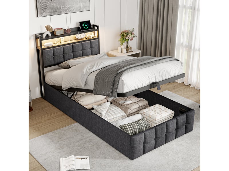  Lit coffre 90x200 avec led et usb, lit simple avec espace de rangement hydraulique cadre de lit rembourré avec  tete de lit lits 1 place pour adolescent et chambre d'amis gris lin, sans matelas  - Conforama B