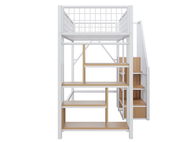  Lit mezzanine enfant 90x200 cm – blanc – escalier de rangement, étagères et placard intégré - sans matelas  - Conforama E