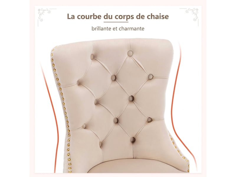  Lot de 4 chaises de salle à manger en velours beige avec pieds en acier inoxydable doré et anneau au dos  - Conforama E
