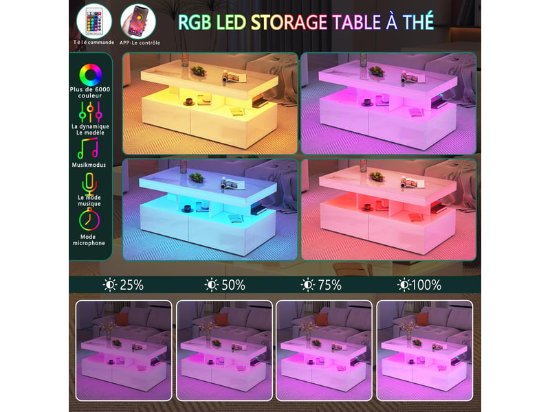  Table basse laquée blanche – éclairage led rgb – 2 tiroirs extra-larges – plateau à plusieurs niveaux – grand espace de rangement  - Conforama D