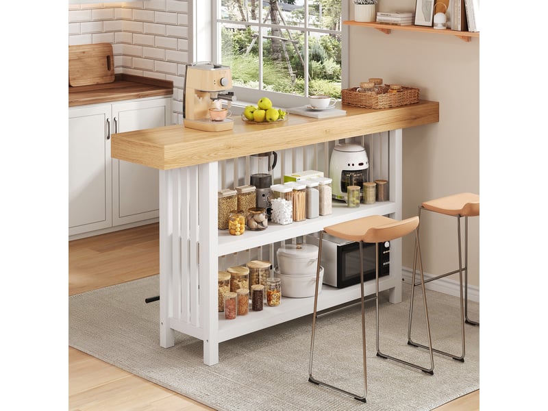  Table de bar - 160x40x105 cm - table haute avec repose-pieds et étagère à 2 niveaux - bois naturel et blanc  - Conforama B