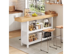 Table de bar - 160x40x105 cm - table haute avec repose-pieds et étagère à 2 niveaux - bois naturel et blanc