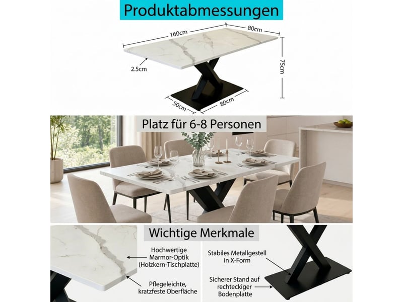  Table à manger rectangulaire coloris blanc effet marbre base métal noire structure en x table de salle à manger  - Conforama C