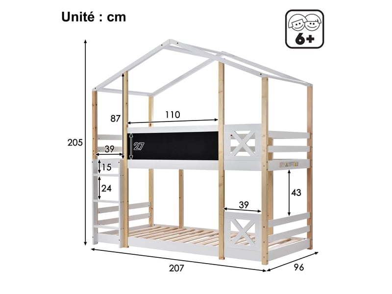  Lit superposé 2 places en bois massif et mdf, échelle, tableau et garde-corps, 200x90 cm, sans matelas, blanc  - Conforama D
