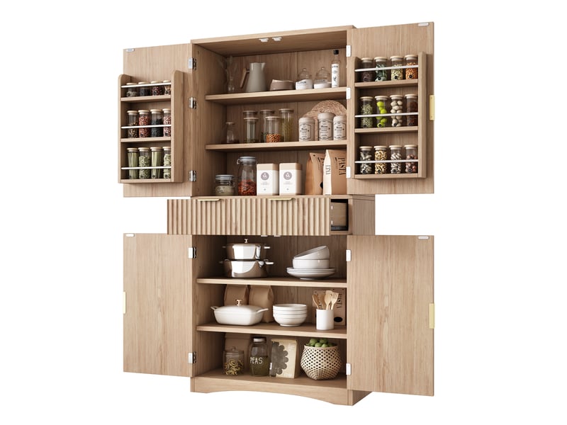  Buffet haut 76x40x180cm avec tiroirs, portes à grille et rangements, meuble pour cuisine et salon, effet bois naturel  - Conforama A