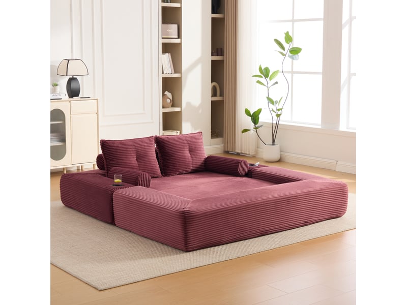 Canapé convertible 2 places avec poches latérales, porte-gobelet et coussins en velours côtelé rouge bordeaux - Conforama D