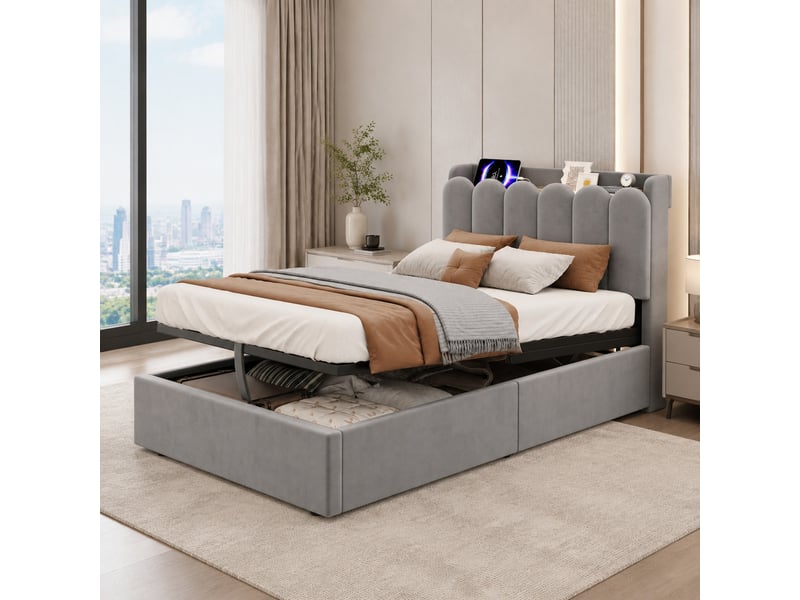  Lit enfant simple 90×200 cm avec coffre, usb, type-c et lampe de lecture - okmyhome- velours gris, sans matelas  - Conforama C