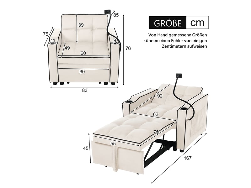  Fauteuil convertible 3 en 1, canapé lit 1 place beige en velours avec dossier réglable, porte-gobelets et support téléphone, 83x167x76cm.  - Conforama B