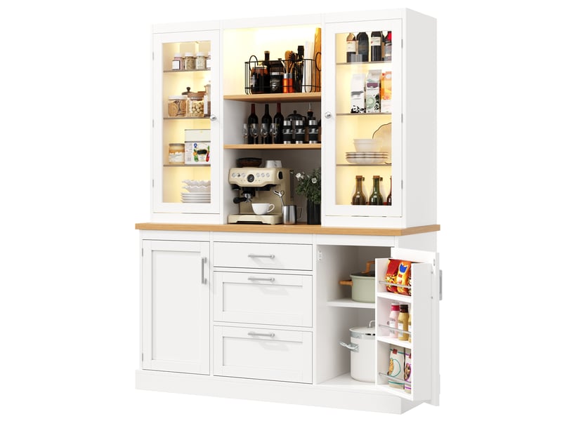 Buffet haute de cuisine avec led 140 x 40 x 185cm buffet en bois avec 3 tiroirs et étagère réglable conception anti-basculement blanc  - Conforama A