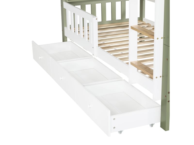 Lit superposé enfant 90 x 200cm, avec échelle, barrière de sécurité surélevée, étagère latérale et 3 tiroirs, blanc et vert - Conforama E