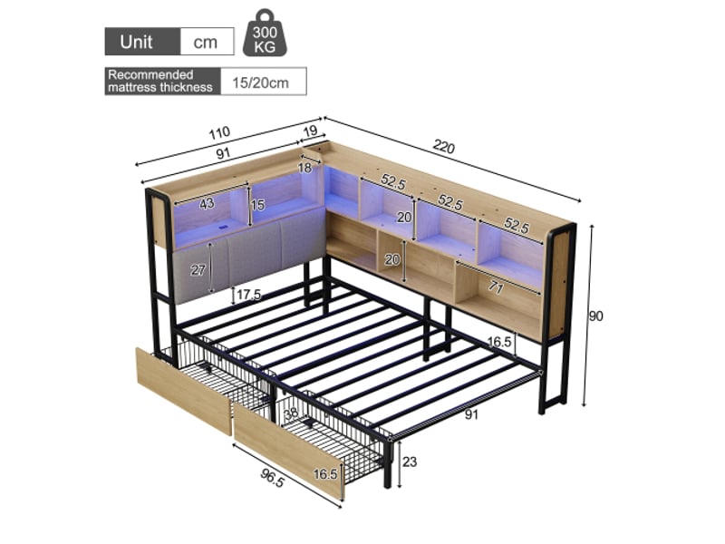  Lit simple 90x200 cm avec led et 2 tiroirs, lit enfant avec usbtype-c et tête de lit rangement, naturel Bubbly - Conforama D