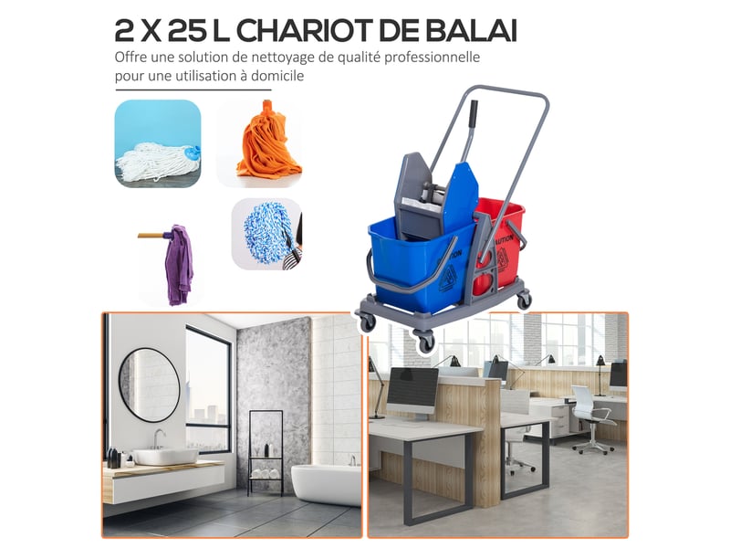  Chariot de lavage chariot de nettoyage professionnel presse à mâchoire 2 seaux 25 l 73l x 45l x 92h cm plastique gris rouge bleu  - Conforama E