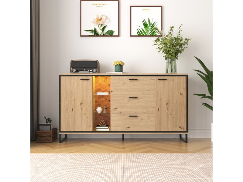 Buffet avec une belle texture et des compartiments de rangement - élégant et pratique, noir et bois - Conforama C