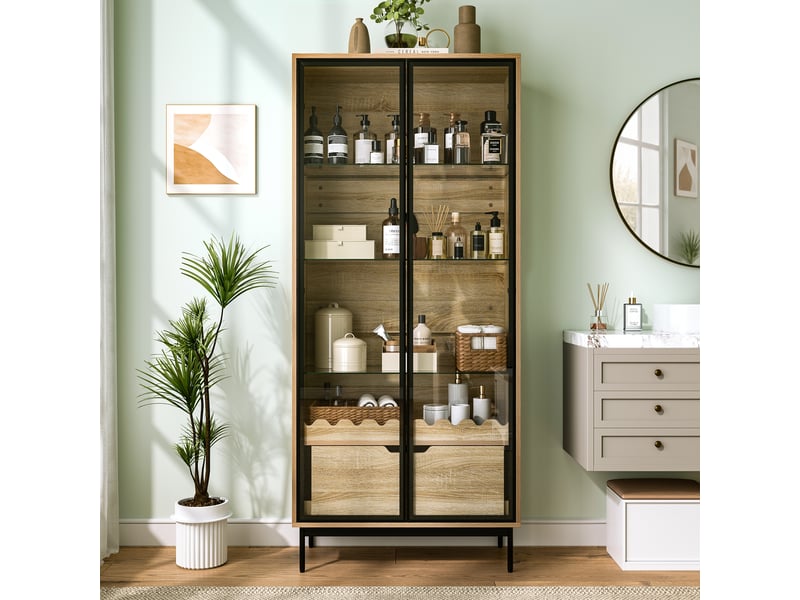  Vitrine en verre noir 4 niveaux avec éclairage led avec contrôle par application, 40x29x170 cm  - Conforama B