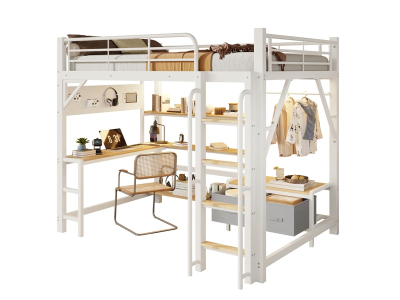  Lit mezzanine 140x200 cm avec bureau, rangements, led et usb blanc  - Conforama A