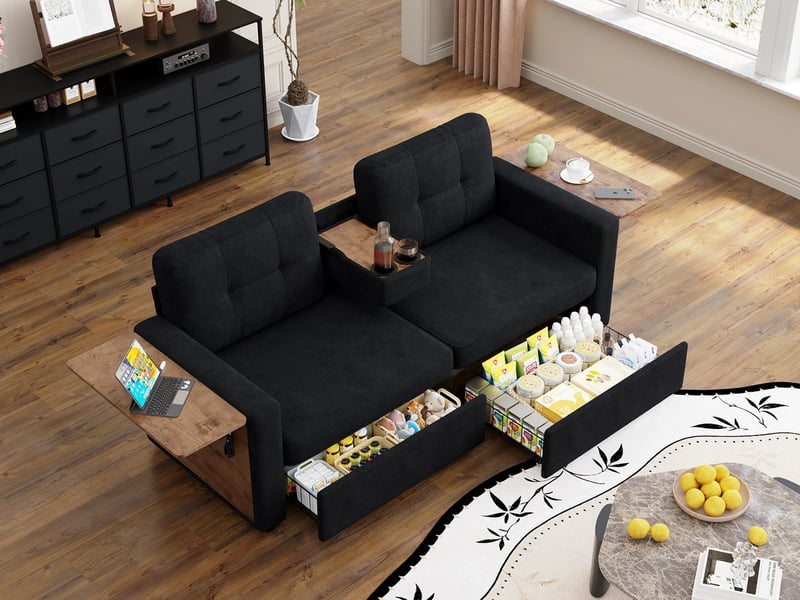  Canapé droit moderne en chenille,2 places,avec deux compartiments de rangement et siège réglable,178x71x57.5 cm,noir  - Conforama B