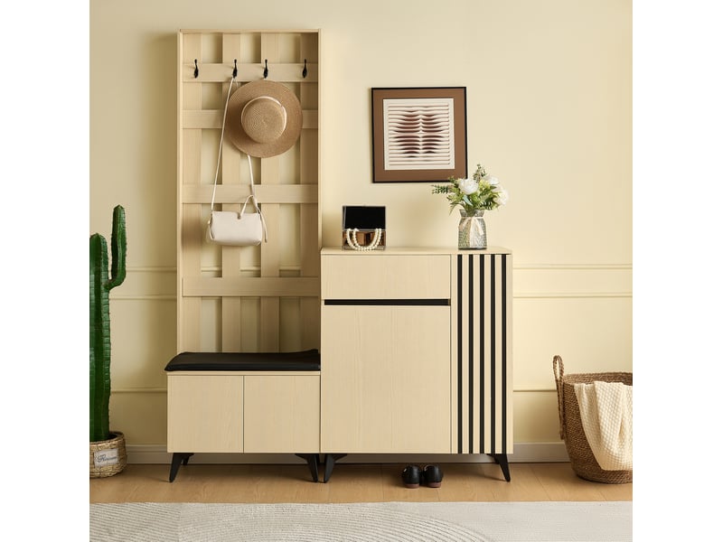 Meubles d'entrée avec banc rembourré, 4 crochets, 4 portes, tiroir et étagères réglables, pour couloir, mdf bois clair - Conforama B