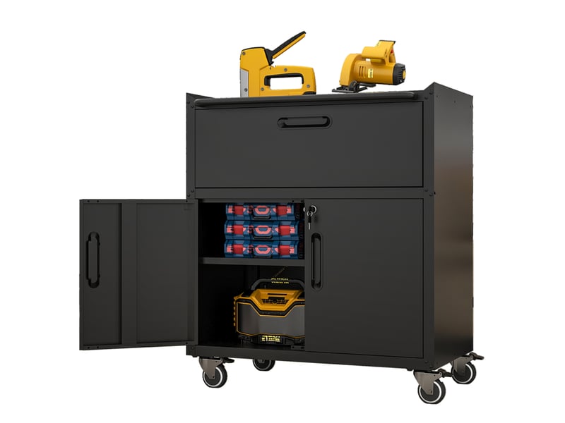 Armoire à outils sur roulettes 75x42x88 cm noire en métal, 1 tiroir, 2 portes verrouillables pour garage - Conforama A