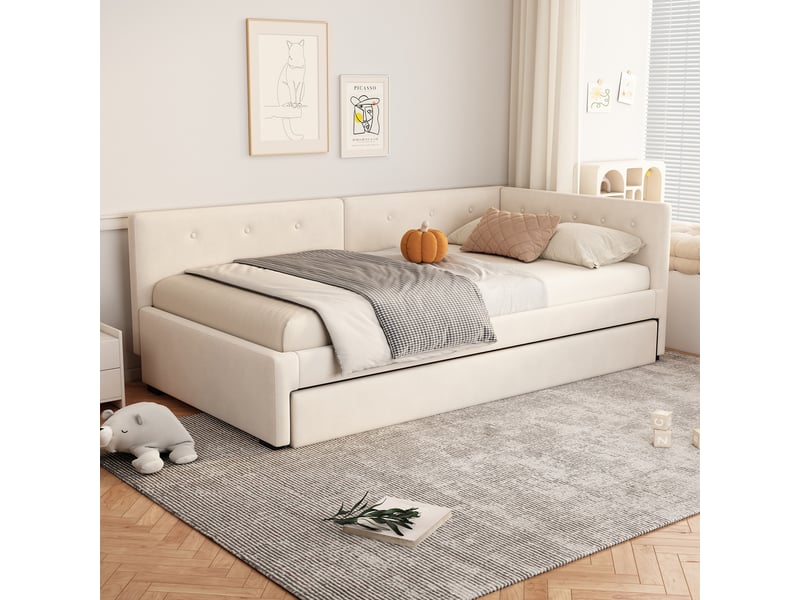  Lit d'appoint 90x200cm, canapé convertible avec lit tiroir, lit simple sans matelas, beige, design épuré  - Conforama D
