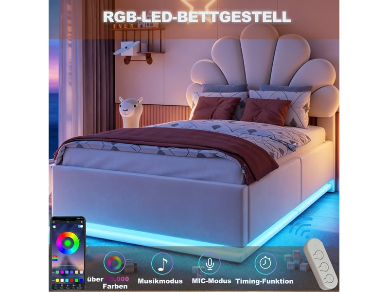  Lit simple 90 × 200 cm avec coffre hydraulique, tête de lit fleurie et éclairage led pour chambre beige  - Conforama E