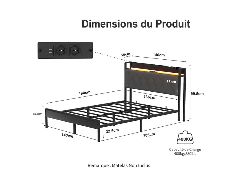  Lit 140x190 noir gris avec rangement sous lit, tête de lit capitonnée et station de charge sans matelas  - Conforama C