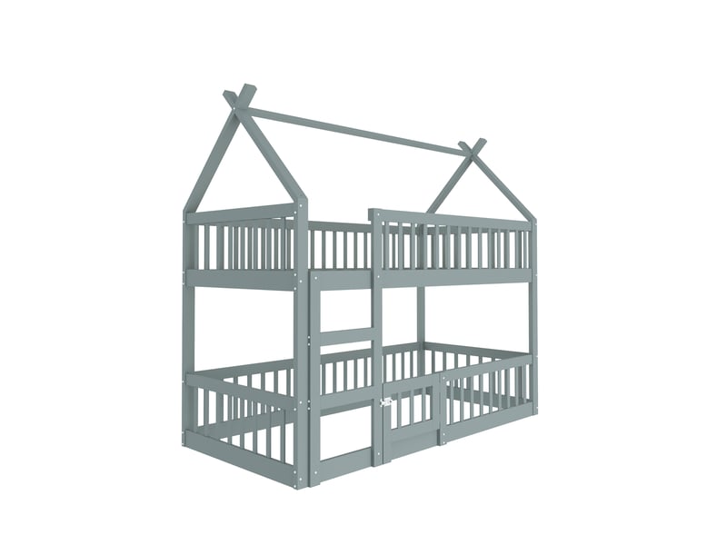  Lit cabane 90x200 enfant, lit superposé enfant en bois massif gris, lit mezzanine avec escalier et barrière de sécurité.  - Conforama D