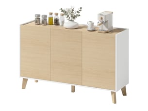 Buffet de 120 cm de large avec mécanisme de fermeture amortie et portes aspect bois et blanc.