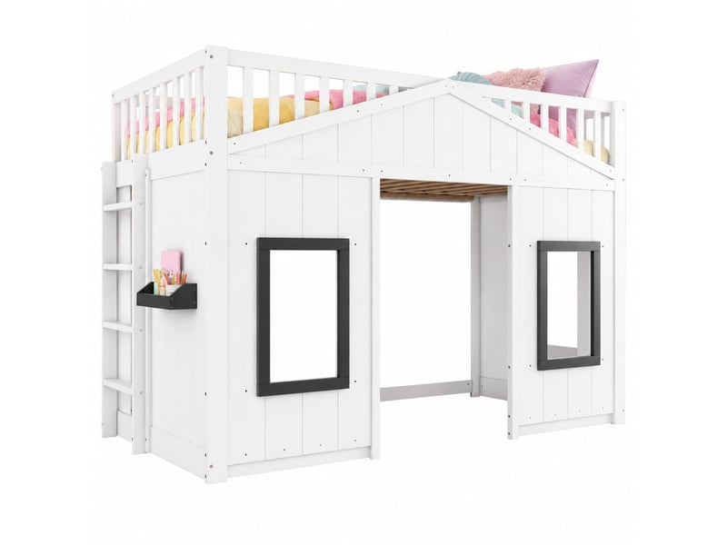  Lit superposé enfant 90 x 200 cm avec escalier, garde-corps, blanc et gris  - Conforama A