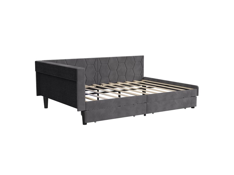  Lit avec 2 tiroirs 140x200, lit double adulte rembourré avec éclairage led et ports usbtype-c, tête de lit avec rangement, velours, moderne, gris  - Conforama D