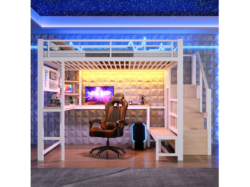  Lit mezzanine 140x200 cm, bureau, escalier avec rangement, led, usb et usb-c, métal et mdf, blanc, sans matelas  - Conforama B