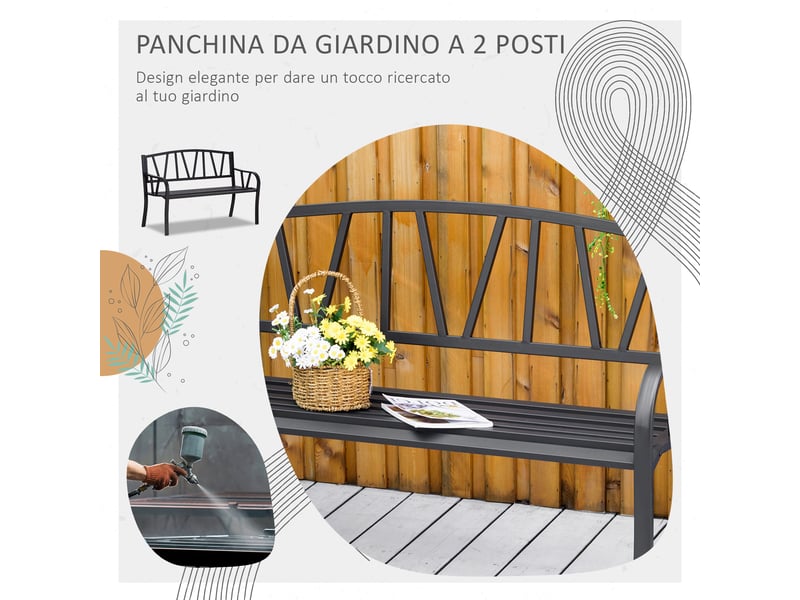 Banc de jardin en métal noir imperméable, banc d'extérieur 2 places en fer, 128 x 56 x 86 cm - Conforama E