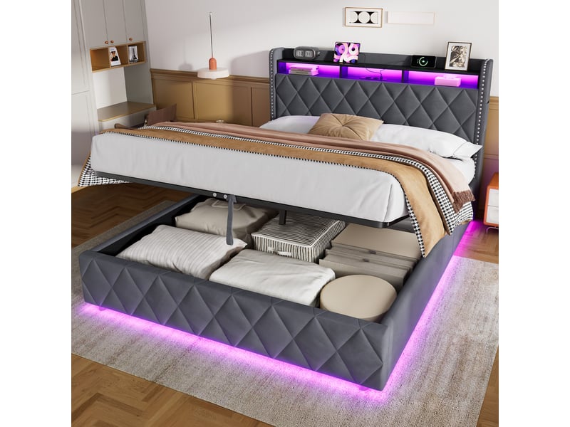  Lit coffre 160x200 cm, lit double adulte avec lumières led, fonctions de chargement et de rangement, velours gris, sans matelas  - Conforama W