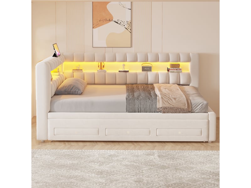  Lit banquette rembourré - 90x190 cm - convertible - tiroirs de rangement - rangements intégrés - éclairage led - port usb - beige CozyNest - Conforama C