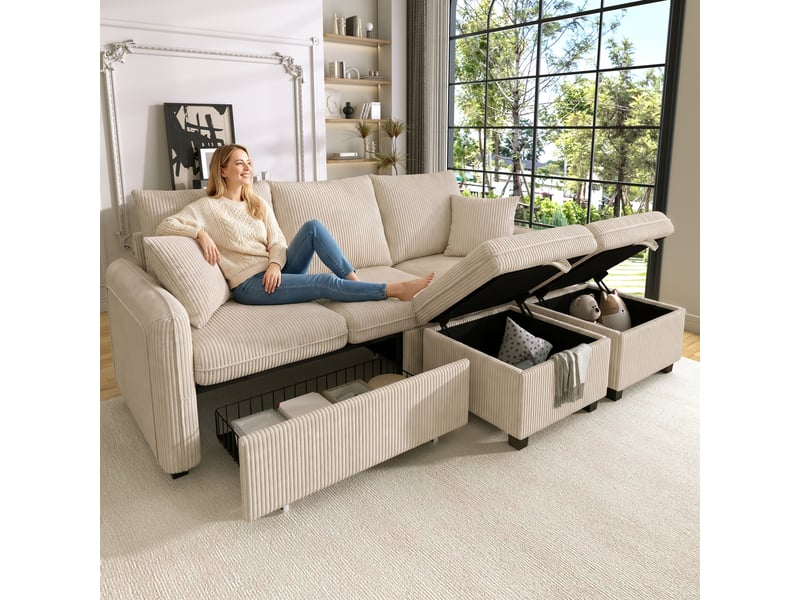 Canapé d'angle convertible 3 places, canapé en velours côtelé avec 2 poufs et espace de rangement, design modulable pour salon - Conforama C