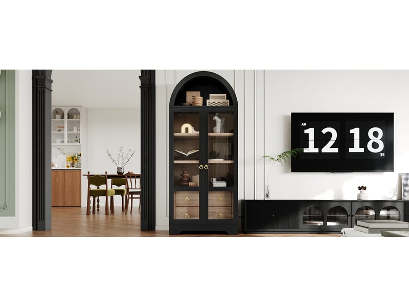  Buffet de cuisine haut avec 2 portes vitrées, 2 tiroirs et étagères réglables, mdf, 76,2×40,1×180 cm noir  - Conforama E