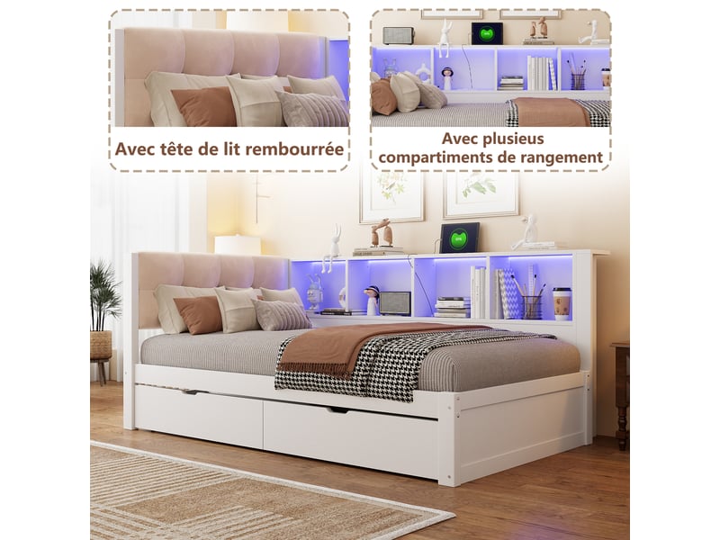  Lit banquette 90x200 cm avec 2 tiroirs, étagère 3 niveaux, led dimmable et usb,mdf+pin,blanc Morn Vibe - Conforama E