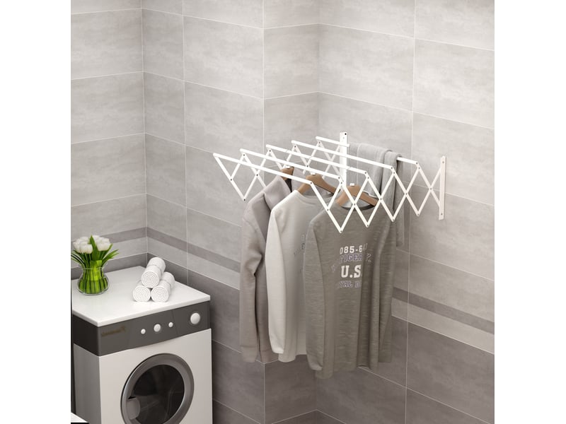 Étendoir mural extensible 63,5 x 60 x 20 cm – blanc – en métal pliable pour intérieur et extérieur - Conforama B