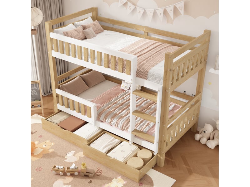  Lit superposé enfant 90x200 cm séparable en 2 lits, blanc et naturel  - Conforama D