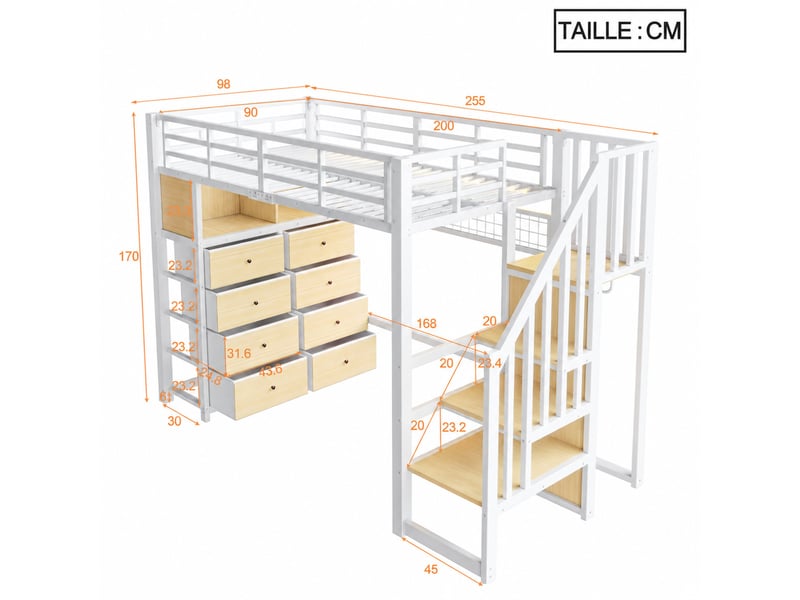  Lit mezzanine en métal 90x200 cm, lit simple avec 8 tiroirs, 2 étagères et led, matelas non précisé, blanc  - Conforama D