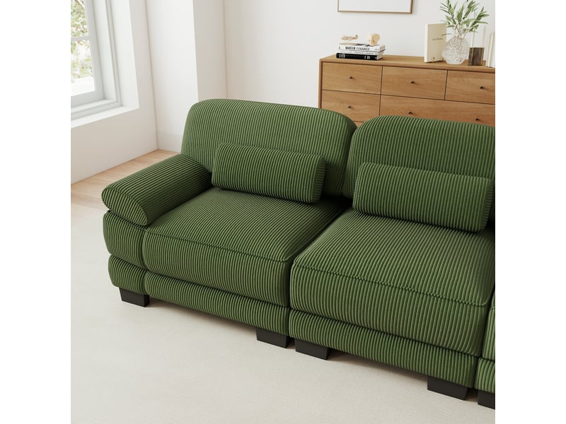  Canapé d’angle modulable 3 places vert en velours côtelé avec pouf assorti, assise profonde et configuration en l pour le salon  - Conforama E