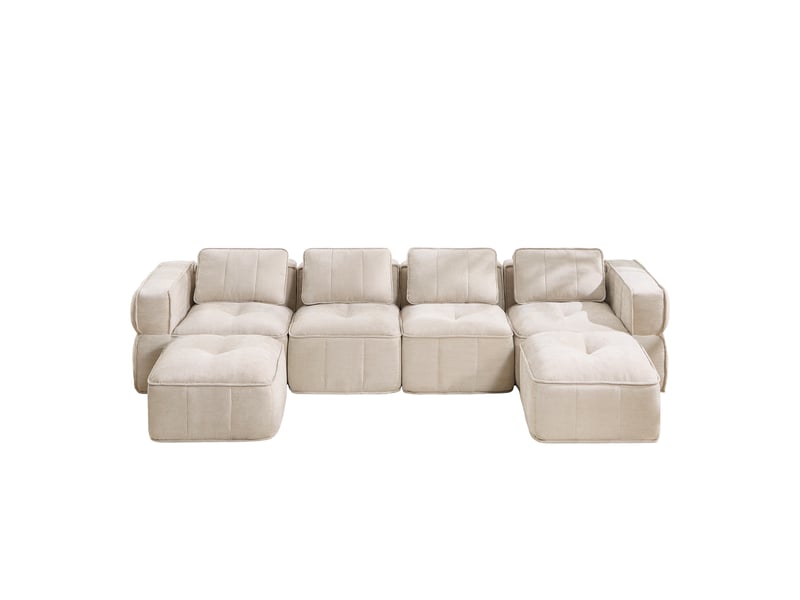  Canapé panoramique en u modulaire 4 places avec 2 poufs - lpospi - sans cadre, assise profonde, polyester beige  - Conforama A